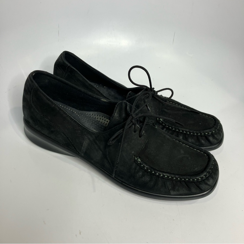 SAS black suede slip on loafer‎ lace up tie comfort shoes women's size 10 casual
